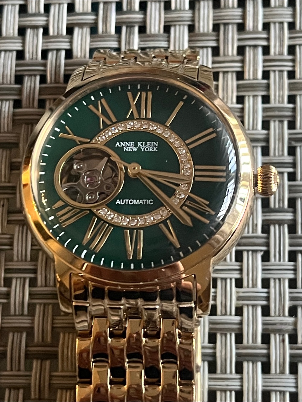 Anne Klein Gold-Tone Watch with Emerald Green Dial and Crystal Accents